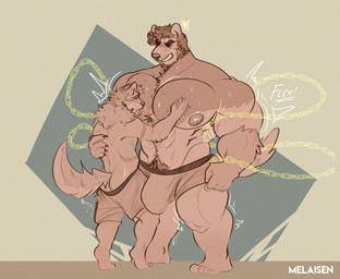 abstract_background anthro attribute_theft barazoku barefoot biceps big_bulge big_muscles big_pecs bodily_fluids bottomwear briefs briefs_only brown_body brown_fur bulge chain clothed clothed_anthro clothed_male clothing duo feet fist frown fur grin growth hair hand_on_another's_chest hand_on_pec huge_bulge larger_anthro larger_male looking_at_another male male/male male_anthro muscle_growth muscle_theft muscular muscular_anthro muscular_male nipples pecs plantigrade pubes simple_background size_difference size_theft smaller_anthro smaller_male smile sound_effects standing sweat tail teeth text topless underwear underwear_only white_text melaisen canid canine canis demon domestic_dog mammal absurd_res artist_name digital_drawing_(artwork) digital_media_(artwork) full-length_portrait hi_res portrait restricted_palette