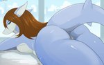 anthro bed blue_body breasts butt city female furniture genitals hair looking_at_viewer nude pussy smile solo tail window winick-lim fish mammal marine shark absurd_res digital_media_(artwork) hi_res