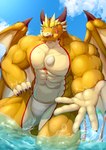 abs anthro chest_gem clothing cloud countershading gem jewelry male muscular muscular_arms muscular_male necklace offering_hand pecs scales sea sky solo thong underwear water white_body white_scales wings yellow_body yellow_scales toranoyouhei lifewonders mythology tokyo_afterschool_summoners ophion_(tas) dragon mythological_creature mythological_scalie scalie absurd_res hi_res