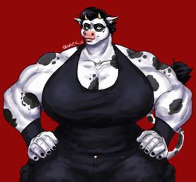 2_horns anthro big_breasts black_clothing black_hair black_nails breasts clothing colored_nails female green_eyes hair horn huge_breasts muscular muscular_anthro muscular_female nails pink_nose solo limbo6_6 ingrid_(limbo6_6) bovid bovine cattle mammal hi_res