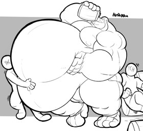 anthro belly belly_inflation big_belly bloated bulge drinking faceless_character group huge_belly hyper hyper_belly inflation male musclegut muscular muscular_arms muscular_male pecs size_difference trio c-trigger ych_(character) ape gorilla haplorhine mammal primate absurd_res hi_res monochrome