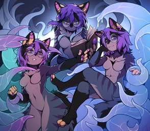 5_fingers anthro book breasts ear_piercing eyewear eyewear_only featureless_breasts female fingers fur gesture glasses glasses_only hand_gesture holding_book holding_object looking_at_viewer medium_hair multicolored_body multicolored_fur multiple_poses navel nude open_book paws piercing pointing pose small_breasts smile solo tentacles wearing_glasses yellow_sclera coff dusk_(takecaretc) domestic_cat felid feline felis mammal absurd_res colored digital_drawing_(artwork) digital_media_(artwork) hi_res shaded