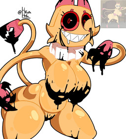 anthro big_breasts big_butt black_eyes bodily_fluids breasts butt claws eyelashes female fur genitals grin ink looking_at_viewer nude one_eye_half-closed orange_body orange_fur orange_tail pink_ears pink_tail pose red_sclera sharp_teeth simple_background smile solo standing tail tears teeth text thick_thighs three-quarter_view two_tone_tail vulva white_background karikhuri blushcrunch_studio dandy's_world roblox t.scraps_(dandy's_world) felid feline felis mammal toon_(dandy's_world) twisted_(dandy's_world) 2025 artist_name digital_media_(artwork)
