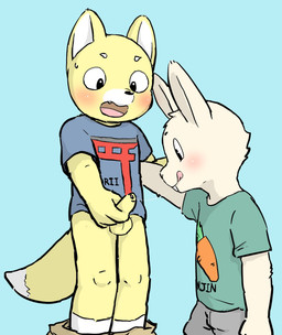 4_fingers anthro balls blue_background blush bodily_fluids bottomless bottomless_male bottomwear bottomwear_down butt clothed clothing cum cum_string duo embarrassed erection eyebrows fangs fellatio fingers fur genital_fluids genitals holding_own_penis holding_penis licking licking_lips looking_at_partner's_penis male male/male open_mouth oral pants pants_down partially_clothed penile penis sex shorts simple_background sweat teeth tongue tongue_out white_body white_fur yellow_body yellow_fur young young_anthro young_male nekotanyanneko canid canine fox lagomorph leporid mammal rabbit 2021 colored hi_res