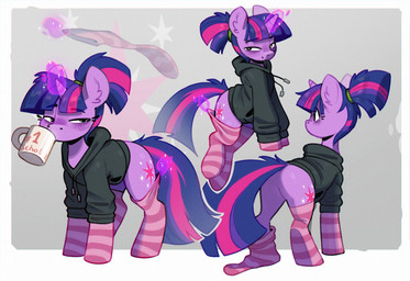 bottomless butt clothed clothing container cup female feral hair hoodie horn legwear looking_aside looking_at_viewer magic mug ponytail simple_background solo stockings stripes tired_eyes topwear rexyseven friendship_is_magic hasbro my_little_pony mythology twilight_sparkle_(mlp) equid equine mammal mythological_creature mythological_equine unicorn hi_res