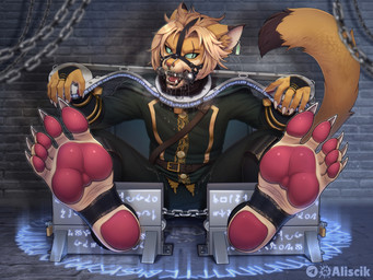 5_toes anthro barefoot bdsm bodily_fluids bondage bound chain chained claws clothed clothing collar cuff_(restraint) cuffs_to_collar dungeon fantasy feet foot_fetish foot_focus fully_bound fully_clothed gag hair humanoid_feet lock male metal_collar muzzle_(object) pawpads plantigrade prisoner pupils restraints saliva shackles sitting slit_pupils snot soles solo stocks submissive submissive_male tail toe_claws toes aliscik sterling_(ilovefeetandpaw) domestic_cat felid feline felis mammal hi_res
