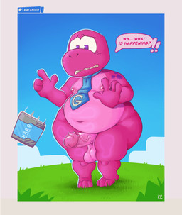 accessory anthro balls belly big_butt butt chubby_cheeks curious dialogue dialogue_box electronics erection fatty_humps genitals glans glass happy heavy_balls magenta_body male navel necktie nervous nipple_dip nipples nude open_mouth outside overweight penis pink_body slightly_chubby solo speech_bubble spiked_penis spikes spikes_(anatomy) surprised tablet text thick_thighs vein veiny_penis katxfish gameoverse glitch_productions gobbles_(gameoverse) dinosaur prehistoric_species reptile scalie absurd_res english_text hi_res