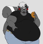 anthro beard belly belly_grab big_belly black_body black_fur black_hair burger claws clothed clothing ear_piercing eyewear facial_hair fat_arms food fur gauged_ear glasses hair holding_burger holding_food holding_object male markings moobs navel_outline obese obese_anthro obese_male overweight overweight_anthro overweight_male piercing plug_(jewelry) solo striped_markings striped_tail stripes tail tail_markings white_body white_fur white_hair wide_hips broadsword_(artist) sawyer_beauregard mammal mephitid skunk