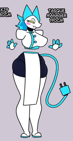 big_breasts blue_hair blush blush_stickers breasts clothed clothing eyelashes fake_tail female hair long_eyelashes machine shoulder_pads tear_trough thick_thighs tired tired_eyes inkyproduction deltarune undertale_(series) tasque_manager domestic_cat felid feline felis mammal robot absurd_res hi_res