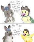 anthro black_eyes blue_eyes cape clothing dialogue duo feathers female feral fur grey_body grey_fur knight_helmet male photorealism pilot_hat simple_background sketchy speech_impediment white_background yellow_body yellow_feathers plushietoon too_serious wonder_pets ming-ming_duckling ollie_(wonder_pets) anatid anseriform avian bird duck lagomorph leporid mammal rabbit colored comic hi_res photo_manipulation