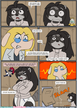 anthro asylum diaper duo female female/female hospital medical padded_room restraints shoulder_angel shoulder_devil straitjacket text the_padded_room esmeralda_kingsley ludivine_laminelle canid canine mammal procyonid raccoon absurd_res comic english_text hi_res