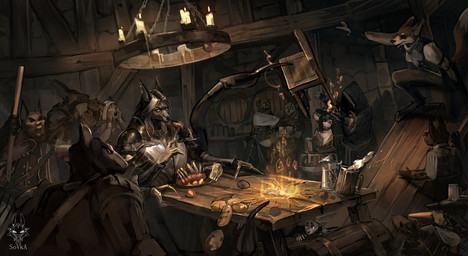 alcohol amazing_background anthro armor beer beverage container cup detailed_background female fight food group knight magic male middle_aged mug tavern warrior drawing_sofa detailed hi_res