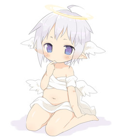 ambiguous_gender blue_eyes feathered_wings feathers halo humanoid_pointy_ears navel not_furry pointy_ears simple_background sitting solo white_background white_wings wings young mofuaki humanoid 2015