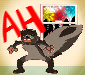anthro black_nose ears_back eyebrow_through_hair eyebrows featureless_crotch fireworks fluffy fluffy_tail fur green_eyes grey_body grey_fur grey_hair hair male night nude open_mouth pawpads pink_pawpads pink_tongue pivoted_ears plantigrade red_text scared short_hair solo startled tail teeth text tongue translucent translucent_hair whisker_spots window yelling crownedvictory wix_(skunkwix) mammal mephitid skunk striped_skunk 2024 absurd_res digital_drawing_(artwork) digital_media_(artwork) hi_res