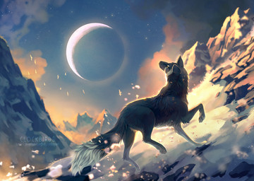ambient_silhouette ambiguous_gender black_body black_fur cloud crescent_moon detailed_background dipstick_tail eclipse feet feral fur group hindpaw leg_markings looking_back markings moon mountain multicolored_tail outside pawpads paws running silhouette sky snow socks_(marking) solo_focus star starry_sky sunset tail tail_markings white_markings clockbirds ambient_bird ambient_flier avian bird canid canine canis mammal wolf 2017 digital_media_(artwork)