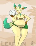 2020 anthro anthrofied beach bikini breasts chocend clothed clothing eeveelution female fur generation_4_pokemon green_body hand_on_hip hi_res holding_object leafeon multicolored_body nintendo overweight overweight_anthro overweight_female pokemon pokemon_(species) portrait sash seaside smile solo sport standing swimwear thick_thighs three-quarter_portrait two_tone_body volleyball yellow_body yellow_eyes yellow_fur