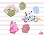 animal_skin anthro blush claws feathers female fur group horn male pink_body pink_feathers sleeping sound_effects striped_body striped_fur stripes trio vowelless vowelless_sound_effect white_body white_fur yellow_body zzz pastelmon_art bandai_namco digimon avian bird biyomon digimon_(species) gabumon terriermon hi_res