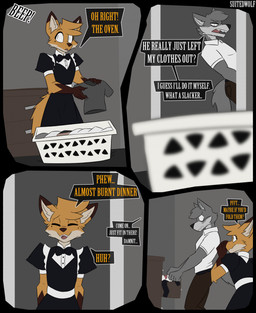 anthro blush bodily_fluids bow_tie clothed clothes_basket clothing collared_shirt countershade_face countershading crossdressing dialogue dipstick_ears drawer dress duo ear_markings embarrassed folding_clothes fur gloves_(marking) grey_body grey_fur maid_uniform male markings mole_(marking) multicolored_ears orange_body orange_fur shirt stifled_laugh sweat sweatdrop tail text topwear uniform suitedwolfie balthy_(suitedwolfie) k_(suitedwolfie) canid canine canis fox mammal northwestern_wolf red_fox true_fox wolf comic digital_media_(artwork) english_text hi_res