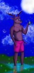 antlers bottomwear brown_body brown_fur clothed clothing eyewear fur glasses horn male moon night pink_bottomwear pink_clothing pink_shorts shorts solo topless topless_male jhongorria anom_hirsch_(the_preydator) anom_hirsch arthropod beetle cervine deer elateroid firefly insect mammal red_deer hi_res