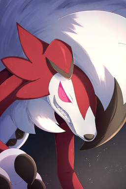 anthro black_body black_claws black_ears black_fur black_nose cheek_tuft chest_tuft claws facial_tuft finger_claws floppy_ears folded_ears fur grin leaning leaning_forward light looking_at_viewer male male_anthro mane multicolored_body multicolored_ears multicolored_fur pink_eyes pink_pupils pink_sclera pupils red_body red_ears red_fur sharp_teeth smile snout solo teeth tuft two_tone_ears white_body white_fur white_mane rumine nintendo pokemon canid canine generation_7_pokemon lycanroc mammal midnight_lycanroc pokemon_(species) 2026 2:3 hi_res lighting shaded