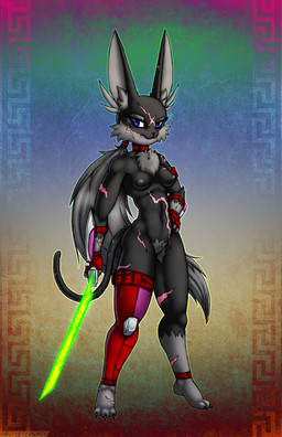 anthro blue_eyes breasts clothing energy_sword energy_weapon female fur gloves grey_body grey_fur hair handwear melee_weapon mostly_nude navel nipples scar solo sword text weapon viroveteruscy world_gates mia_phase felid hybrid lagomorph leporid mammal pantherine rabbit 2025 absurd_res artist_name digital_media_(artwork) hi_res
