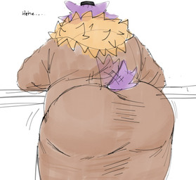 anthro big_butt butt fur huge_butt larger_male male overweight overweight_anthro overweight_male plushie presenting presenting_hindquarters purple_body purple_fur seam_(sewing) size_difference solo stitch_(sewing) tail tail_motion tailwag text sourbear deltarune undertale_(series) seam_(deltarune) animate_inanimate darkner felid feline living_plushie mammal 2025 digital_media_(artwork) hi_res