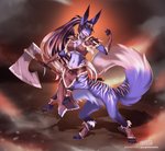 axe blue_body blue_fur clothed clothing curvy_figure dipstick_tail female fur hourglass_figure markings melee_weapon multicolored_tail small_waist solo tail tail_markings weapon purplelemons canid canine mammal taur 2020 digital_media_(artwork) hi_res shaded