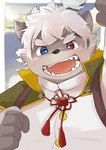 anthro belly brown_body brown_fur eyebrows fur hair heterochromia male overweight overweight_male solo thick_eyebrows topknot white_hair young young_anthro zimasanda lifewonders tokyo_afterschool_summoners masashi_(tas) canid canine canis domestic_dog mammal hi_res