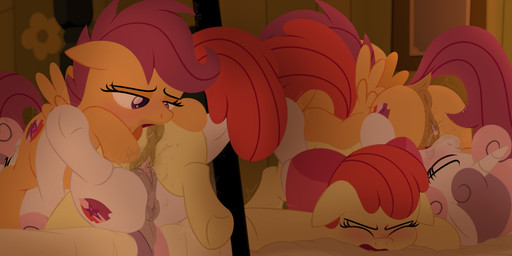 69_position anus blush bodily_fluids butt eyelashes eyes_closed female female/female feral feral_on_feral genital_fluids genitals group group_sex hair horn loli looking_pleasured oral orange_body pupils purple_hair quadruped red_hair sex tail thick_thighs threesome tribadism trio vaginal vaginal_fluids vulva white_body wings yellow_body young dtcx97 friendship_is_magic hasbro my_little_pony mythology apple_bloom_(mlp) scootaloo_(mlp) sweetie_belle_(mlp) equid equine mammal mythological_creature mythological_equine pegasus unicorn absurd_res hi_res