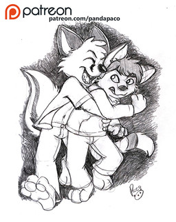 angry anthro barefoot bottomwear cheek_tuft clothed clothing duo eyes_closed facial_tuft fangs feet hair head_tuft hug logo male open_clothing open_mouth open_smile open_topwear pants patreon_logo pawpads short_hair simple_background smile teeth text topwear tuft young young_anthro young_male pandapaco patreon canid canine fox mammal artist_logo signature spot_color url