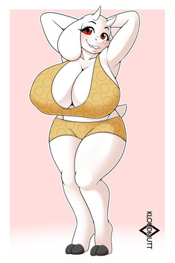 anthro big_breasts blush boy_shorts bra breasts clothed clothed_anthro clothed_female clothing curvy_figure female fur hands_behind_head horn huge_breasts lipstick looking_at_viewer makeup mature_female pose red_eyes skimpy solo underwear white_body white_fur wide_hipped_female wide_hips kloudmutt undertale_(series) toriel boss_monster_(undertale) 2023 2:3 colored hi_res pinup shaded