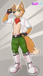 abs anthro bulge clothed clothing gloves green_eyes handwear looking_at_viewer male muscular muscular_anthro muscular_male pecs smile solo bashbl-ux nintendo star_fox fox_mccloud canid canine fox mammal hi_res