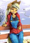 2020 anthro applejack_(mlp) clothed clothing dialogue english_text equid equine eyes_closed female fidzfox friendship_is_magic grin hasbro hat headgear headwear hi_res mammal my_little_pony outside smile solo text winter