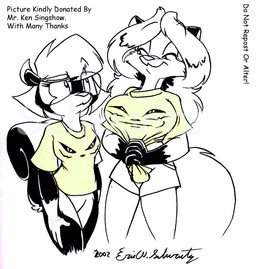anthro big_breasts bottomless breast_size_difference breasts clothed clothing clothing_pull comparing comparing_breasts duo eyewear female fluffy fluffy_tail glasses gloves_(marking) markings shirt shirt_pull simple_background smile smirk tail text topwear topwear_pull white_background eric_schwartz bandai_namco digimon sabrina_online sabrina_(sabrina_online) sheila_vixen canid canine digimon_(species) fox mammal mephitid renamon skunk striped_skunk 2002 black_and_white english_text monochrome sketch