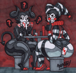 2_horns abstract_background ace_of_hearts big_butt black_body black_eyes black_sclera black_skin bottom_heavy bottomwear bubble_butt butt card clothing clown clown_nose duo eyelashes femboy five_of_hearts fool's_hat glistening glistening_body glistening_legs glistening_skin hat headgear headwear hiding_cards hooves horn hotpants huge_butt huge_hips huge_thighs legwear long_tail looking_at_viewer looking_back looking_back_at_viewer male one_eye_closed pattern_clothing pattern_legwear pattern_thigh_highs playing_card pointed_tail poker poker_chip question_mark shorts six_of_diamonds smile striped_clothing striped_legwear striped_thigh_highs stripes suspenders tail teeth text thick_thighs thigh_highs three_of_spades two_of_clubs uno_card white_body white_eyes white_skin wide_hipped_humanoid wide_hipped_male wide_hips wink winking_at_viewer parasitedeath uno uno_reverse_card el_bufon_(parasitedeath) el_diablo_(parasitedeath) demon demon_humanoid horned_humanoid human humanoid mammal tailed_humanoid 2025 artist_name graphite_(artwork) hi_res marker_(artwork) traditional_media_(artwork) watermark