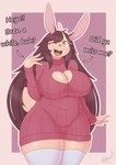 anthro biped breasts brown_eyes brown_hair cleavage clothed clothing dialogue female hair one_eye_closed open_mouth simple_background solo tan_body text snackbunnii lagomorph leporid mammal rabbit english_text hi_res