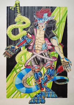 anthro cybernetics cyberpunk hair hologram machine male melee_weapon prosthetic prosthetic_arm prosthetic_leg prosthetic_limb red_eyes red_hair simple_background solo sword weapon karmalow mythology dragon mythological_creature mythological_scalie reptile scalie snake absurd_res hi_res marker_(artwork) traditional_media_(artwork)