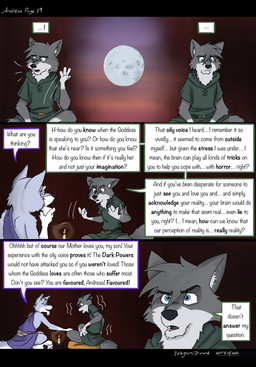 4_fingers 4_toes age_difference anthro barefoot bench black_nose blue_body blue_eyes blue_fur clothed clothed_anthro clothed_male clothing dialogue duo feet fingers full_moon fur grey_body grey_fur hindpaw humanoid_hands male moon multicolored_body multicolored_fur paws shirt sitting speech_bubble tail teeth temple text toes topwear tunic two_tone_body two_tone_fur white_body white_fur spiritofash andreas_(spiritofash) therion_(spiritofash) canid canine canis mammal wolf comic english_text hi_res