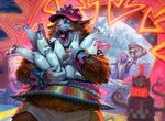ambiguous_gender anthro baseball_cap blue_eyes bottle carnival_game clothing container excited futuristic group hat headgear headwear holding_object holding_toy machine midriff milk milk_bottle milk_container plushie prize tongue toy filipe_pagliuso hasbro magic:_the_gathering wizards_of_the_coast ajani_goldmane domestic_cat felid feline felis human mammal robot hi_res official_art