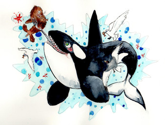 ambiguous_gender beak black_body blush bodily_fluids brown_body cutlery feathered_wings feathers feral fin fork green_eyes group kitchen_utensils open_mouth sharp_teeth simple_background solo_focus tail teeth tools water white_background white_body white_feathers wings sibaketsu ambient_bird ambient_fish ambient_flier ambient_seagull ambient_sealife avian bird cetacean dolphin fish gull lari larid mammal marine oceanic_dolphin orca pinniped sea_lion toothed_whale 2014 hi_res painting_(artwork) traditional_media_(artwork) watercolor_(artwork)