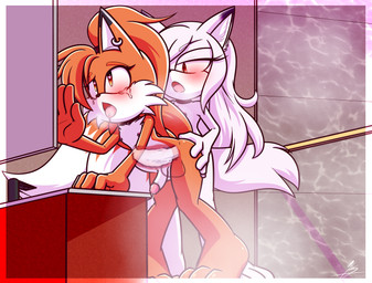 bangs bathroom big_butt big_penis bigtail bodily_fluids butt cum cum_in_ass cum_inside duo ear_piercing femboy femboy/femboy from_behind_position fur genital_fluids genitals hair hand_on_butt hand_on_wall heart_eyes heart_symbol inner_ear_fluff male male/male nude orange_body orange_fur penis piercing ponytail precum sex thick_thighs tongue tongue_out tuft white_body white_fur white_hair x-ray_view xxkenthewolfxx sega sonic_the_hedgehog_(series) fan_character canid canine fox mammal absurd_res hi_res