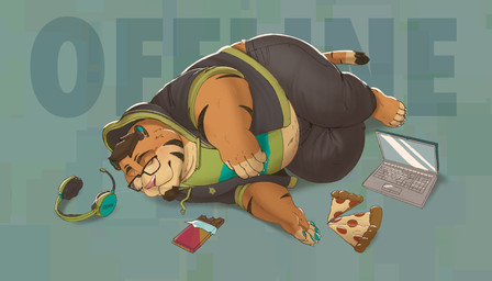 anthro belly brown_hair candy chocolate claws clothed clothing computer dessert electronics eyes_closed eyewear facial_hair food fur glasses hair headgear headphones headset laptop lying male navel on_side orange_body orange_fur overweight overweight_anthro overweight_male pizza sleeping smile solo soul_patch striped_body striped_fur stripes text toe_claws riisago kalem_(itskabou) felid mammal pantherine tiger english_text hi_res