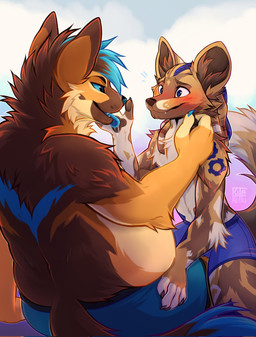 anthro aroused belly big_belly blush bodily_fluids brown_body brown_fur claws clothed clothing dreadlocks duo eye_contact fur inner_ear_fluff looking_at_another male male/male nervous nervous_smile overweight overweight_anthro overweight_male pawpads saliva sitting sitting_on_another tan_body tan_fur tongue tongue_out topless tuft underwear underwear_only kitakettu_(artist) canid canine canis domestic_dog german_shepherd herding_dog hyena mammal pastoral_dog hi_res