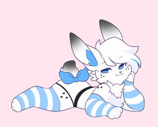:3 anthro armwear blue_bow chest_tuft clothing freckled_face freckled_legs freckled_shoulders freckled_thighs freckles fur hair inner_ear_fluff legwear looking_at_viewer lying male on_front pattern_armwear pattern_clothing pattern_legwear pattern_stockings pink_nose simple_background smug solo stockings striped_armwear striped_clothing striped_legwear striped_stockings stripes tuft white_body white_fur white_hair shiones lagomorph leporid mammal rabbit 2022 5:4 colored digital_drawing_(artwork) digital_media_(artwork) flat_colors