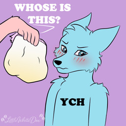 abdl ambiguous_gender anthro blush blush_lines bodily_fluids diaper duo genital_fluids nude sticker unclean_diaper urine used_diaper wet_diaper littlewhitedoe ych_(character) canid canine mammal 1:1