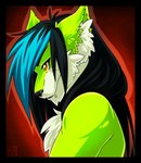 anthro black_border black_eyebrows black_hair black_nose blue_hair border ear_piercing eyebrows facial_piercing fur green_body green_fur hair lip_piercing male multicolored_body multicolored_fur multicolored_hair piercing red_background simple_background snakebite_piercing solo two_tone_body two_tone_fur two_tone_hair white_body white_fur yellow_eyes lapres guy_star canid canine canis mammal wolf 2012 bust_portrait digital_media_(artwork) hi_res portrait