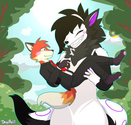anthro blush blush_lines bone clothing digit_ring dress duo environment female forest forest_background fur fur_markings happy happy_ending jewelry leaf light male male/female markings nature nature_background nervous nervous_smile plant ring shrub skull skull_head smile smiling_at_another sunlight tree wedding wedding_clothing wedding_dress wedding_ring davyboi canid canine fox mammal skulldog_(species) absurd_res hi_res