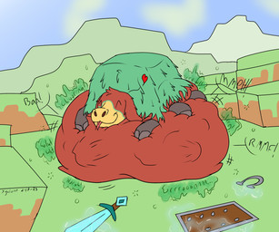 6_legs abdominal_bulge ambiguous_gender belly big_belly bodily_fluids eyes_closed feral feral_pred foot_on_belly fur green_body green_fur heart_symbol horseshoe huge_belly hyper hyper_belly melee_weapon mountain multiple_prey outside red_body red_fur resting_on_belly rumbling_stomach saliva shield smile soft_vore sword tongue tongue_out unwilling_prey vore weapon xyclone microsoft minecraft mojang xbox_game_studios sniffer_(minecraft) 2023 6:5 absurd_res hi_res signature