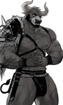 2021 absurd_res anthro armor beard belt biceps bovid bulge clasped_hands clothing dopq facial_hair hands_together hi_res horn looking_aside male mammal monotone_body mouth_closed muscular muscular_anthro muscular_male nipples pauldron pecs scar simple_background smile solo standing underwear