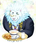 anthro black_eyebrows butler circle_eyebrows clothed clothing container cup eyebrows eyewear fur green_eyes male mane monocle pink_nose tea_cup white_body white_fur white_mane 5keys_x86 lifewonders tokyo_afterschool_summoners snow_(tas) felid lion mammal pantherine 2019 colored